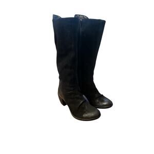 Women 40 Fly London Black Leather Knee-High Heeled Boots Brushed Suede